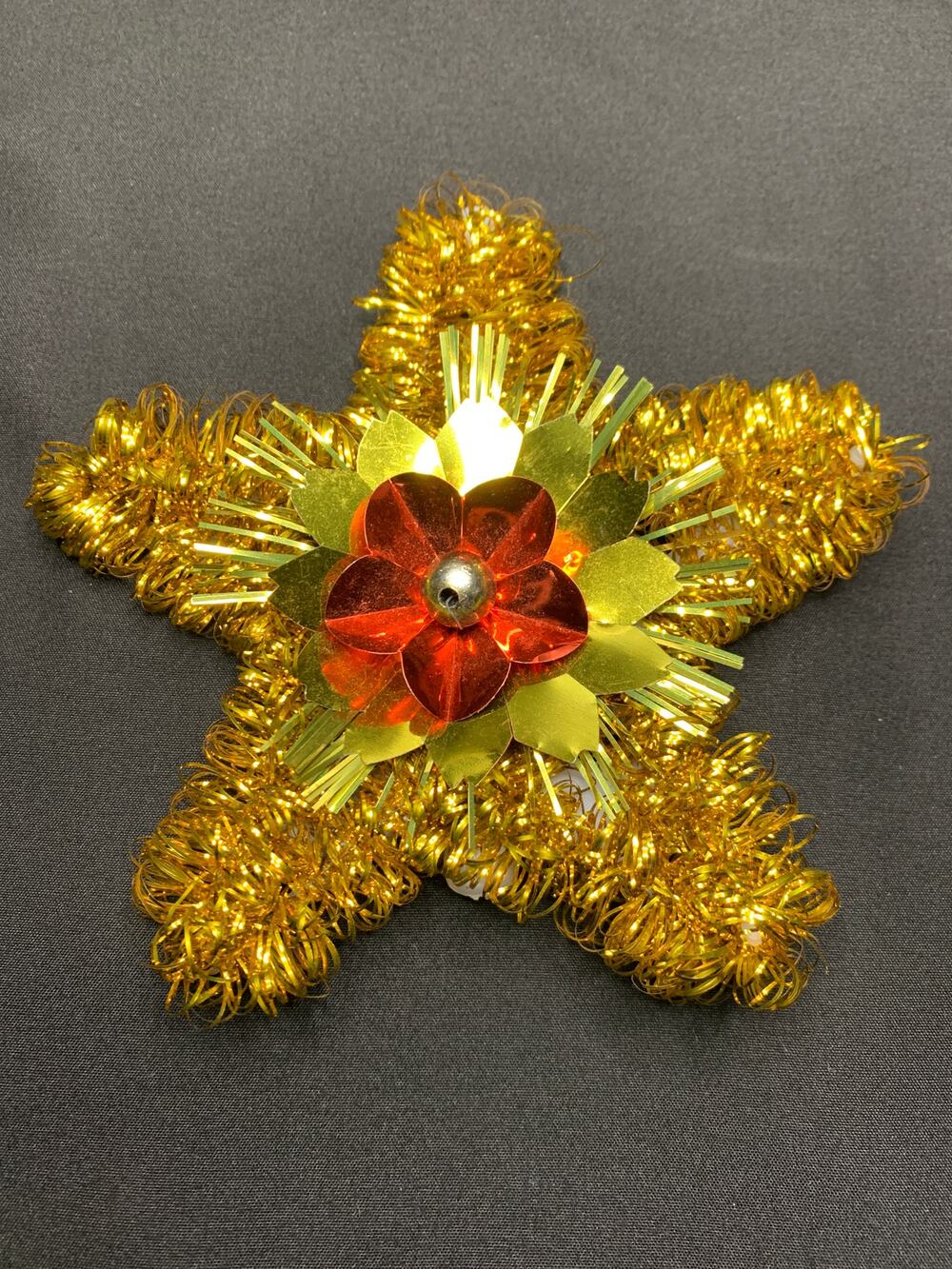Vintage 1970s Gold Tinsel Star Christmas Tree Topper Red Foil Flower